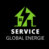 Logo de Service Global Énergie avec une maison verte traversée par un éclair sur fond noir